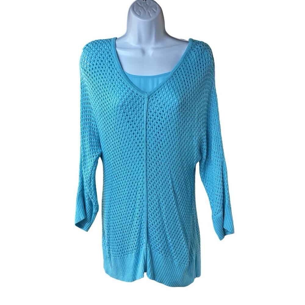 NWT Chico's Blue Ophelia Woven Mixed 3/4 Sleeve Pullover Sweater Woman Sz 2